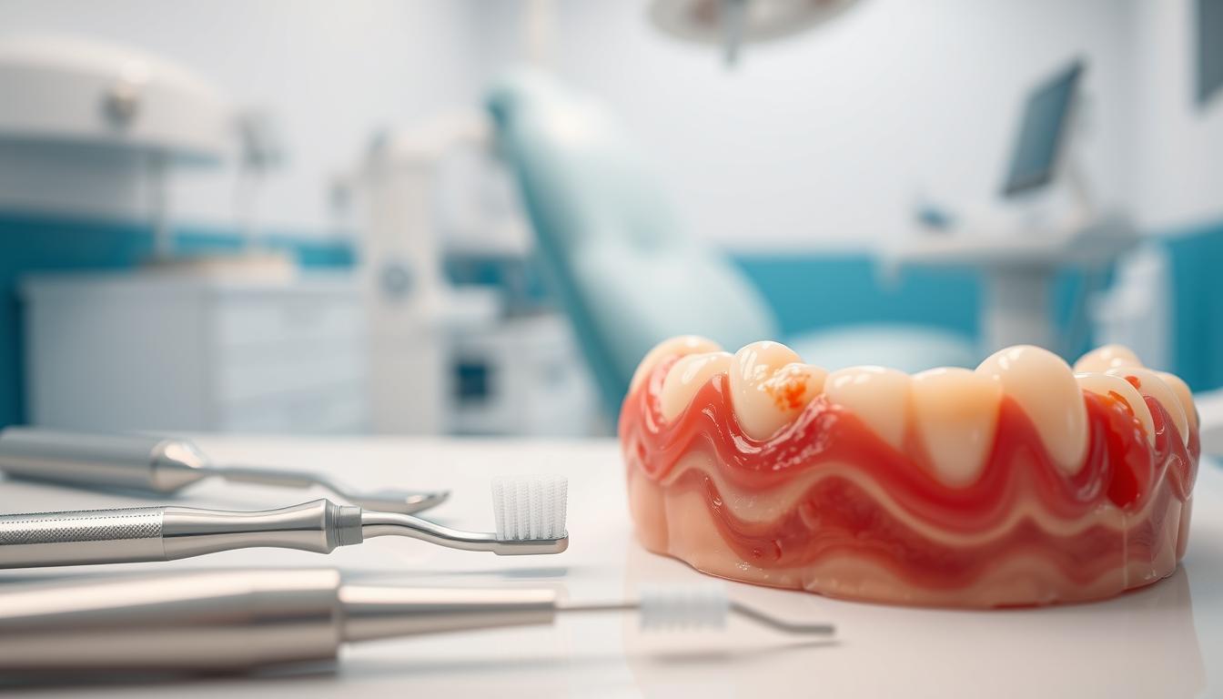 A vibrant, close-up image showcasing various gum disease solutions. In the foreground, a selection of dental tools and instruments, including a dental scaler, periodontal probe, and interdental brushes, all neatly arranged on a clean, white surface. In the middle ground, a healthy, pink gum tissue contrasts with a diseased, inflamed gum area, illustrating the difference between healthy and unhealthy gums. In the background, a blurred, serene dental office setting, with calming blue and white tones, conveying a sense of professionalism and care. The lighting is soft and diffused, creating a warm, inviting atmosphere that highlights the details of the gum disease solutions.