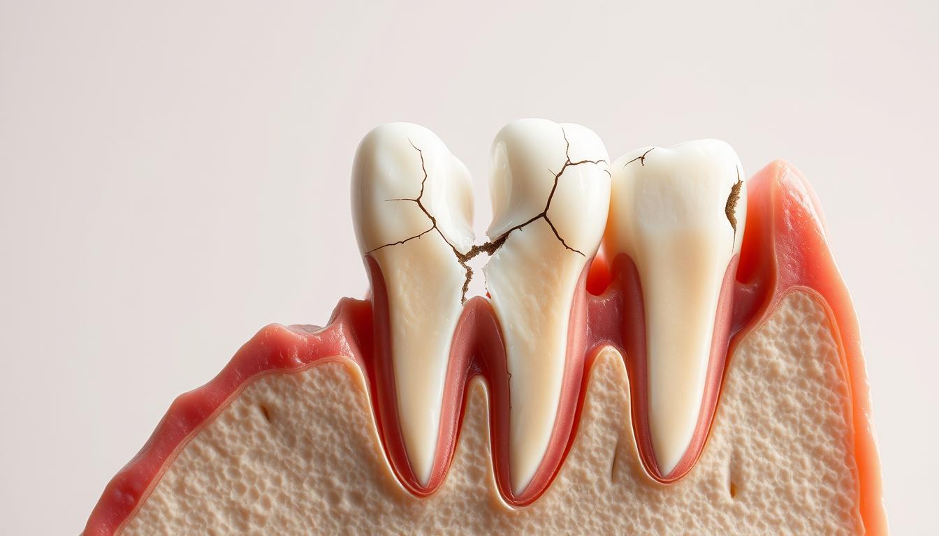 A detailed cross-section of damaged teeth, showcasing the various stages of cracking and fracturing. The foreground depicts a close-up view of the tooth structure, with intricate layers of enamel, dentin, and pulp chamber visible. The middle ground highlights the progression of cracks, ranging from minor surface-level fissures to deep, jagged splits that penetrate the inner layers. The background presents a serene, muted palette, allowing the viewer to focus on the technical anatomical details. Soft, directional lighting casts subtle shadows, emphasizing the textural and dimensional qualities of the cracked teeth. Captured with a macro lens, the image conveys a sense of clinical precision and educational clarity, suitable for illustrating the symptoms and causes of this common dental issue.