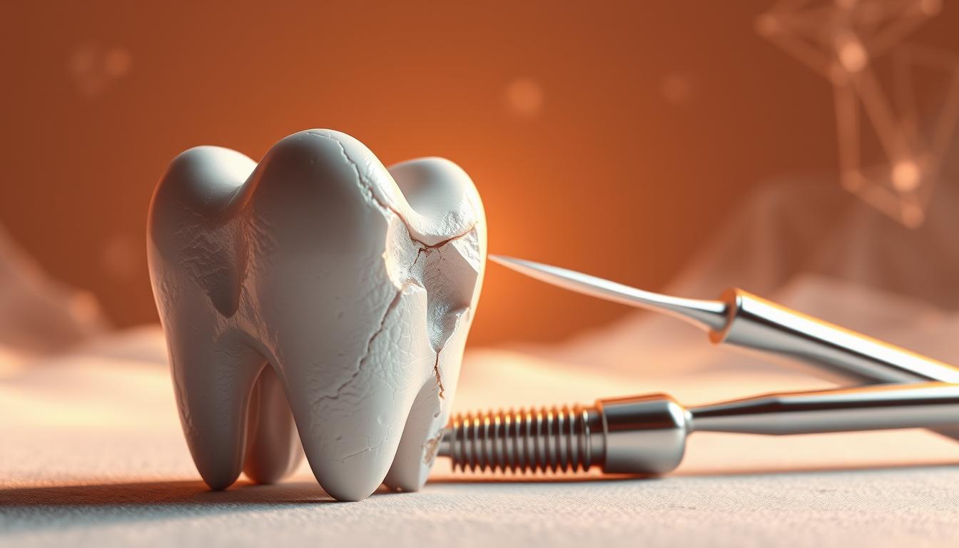 Highly detailed, hyper-realistic 3D render of a cracked molar tooth against a digital, futuristic dental aesthetic backdrop. The tooth is in the foreground, fractured and damaged, with intricate textures and shading. The middle ground features a gleaming, metallic dental tool or instrument, casting a sharp, precise shadow. The background is a minimalist, monochromatic digital landscape with abstract geometric patterns and shapes, conveying a sense of advanced medical technology. Warm, slightly desaturated lighting illuminates the scene, creating depth and dimension. The overall mood is clinical, precise, and technologically sophisticated.