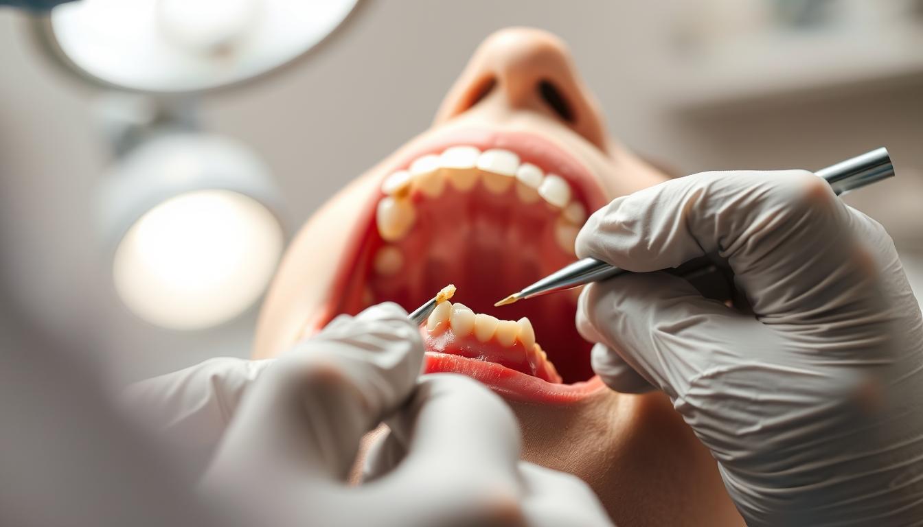 Close-up detailed view of a dentist's hands performing a chipped tooth repair procedure. The foreground shows the dentist's gloved hands carefully applying a tooth-colored composite resin material to the damaged tooth, working with precision tools. The middle ground features the patient's open mouth and a bright overhead light, conveying a clinical, hygienic atmosphere. The background is blurred, focusing the viewer's attention on the intricate dental work. The lighting is soft and directional, casting subtle shadows that enhance the 3D form of the tooth and instruments. The overall tone is one of professionalism, care, and technical expertise in restoring the chipped tooth.