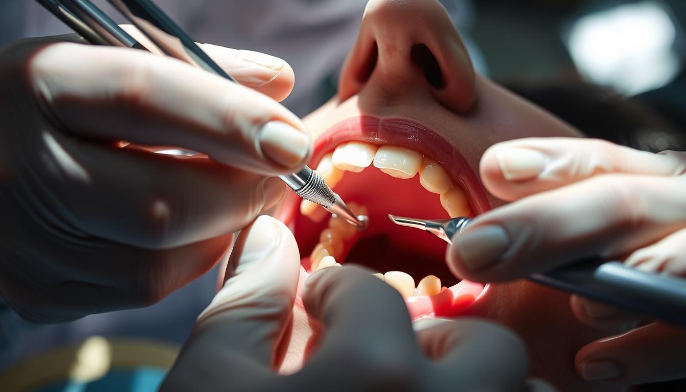 A dentist's hands meticulously performing a deep cleaning procedure on a patient's teeth, using specialized dental tools and equipment. The patient's mouth is open, with the dentist's fingers gently but firmly probing and scraping the gumline to remove plaque and tartar buildup. The lighting is bright and focused, casting sharp shadows that highlight the intricate details of the cleaning process. The scene conveys a sense of precision, care, and the importance of maintaining proper oral hygiene through regular deep cleanings.