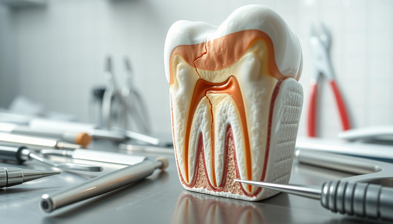 A close-up view of various cracked tooth treatment options, depicted in a clinical, medical setting. The foreground features a diverse set of dental tools, including dental drills, forceps, and probes, arranged neatly on a sterile, stainless steel surface. In the middle ground, a detailed cross-section of a molar tooth displays the inner layers, highlighting the crack and the different restorative procedures available, such as fillings, crowns, and root canal therapy. The background is a softly blurred, white-tiled wall, conveying a sense of a professional, well-equipped dental clinic. The lighting is bright and diffused, creating a clean, hygienic atmosphere. The overall mood is one of precision, care, and the expertise required to effectively treat cracked teeth.