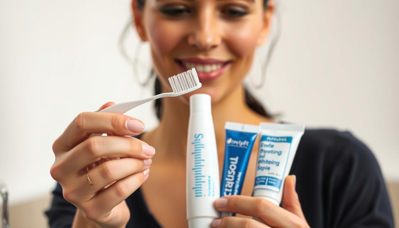 A well-lit, close-up view of a person's hand holding a toothbrush and carefully examining different whitening toothpaste and gel products. The background is a clean, minimalist setting, perhaps a bathroom counter or shelf, allowing the focus to remain on the selection process. The lighting is soft and natural, creating a sense of tranquility and thoughtfulness. The person's expression conveys careful consideration as they weigh the options for sensitive teeth whitening. The composition emphasizes the decision-making aspect, with the various whitening products arranged neatly, allowing the viewer to imagine the person's thought process in choosing the right method.
