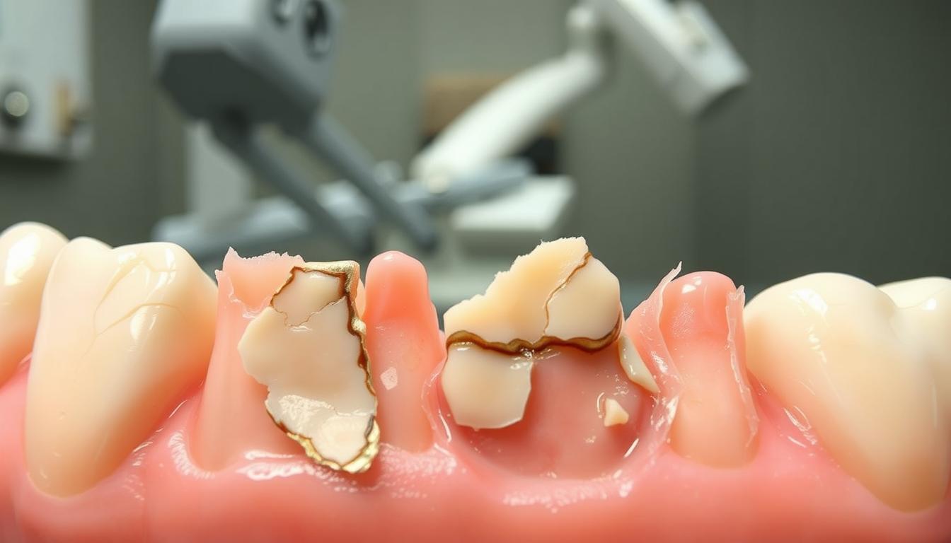A detailed close-up of various causes of chipped teeth, including impact from hard foods, tooth grinding, accidents, and enamel erosion. The foreground showcases a collection of chipped and cracked teeth, their jagged edges and discolored surfaces illuminated by soft, directional lighting. In the middle ground, a dental mirror and tools provide a sense of the clinical context. The background fades into a muted, out-of-focus dental office setting, hinting at the environment where chipped tooth repair options are discussed. The overall mood is one of clinical examination and identification of the underlying issues, setting the stage for the "Understanding Chipped Tooth Repair Options" section.