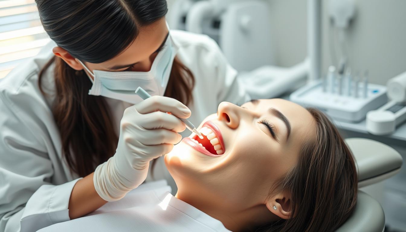 a detailed and realistic image of a professional teeth whitening procedure in a dental office, with a bright, clean, and sterile environment. The patient is comfortably reclined in a dental chair, with a dentist or dental hygienist carefully applying a whitening agent to their teeth. The procedure is being conducted under bright, natural-looking lighting, with a modern dental instrument tray and equipment visible in the background. The dentist's face is partially obscured, maintaining the patient's privacy, but their hands and the whitening process are clearly visible. The overall atmosphere conveys a sense of professionalism, care, and attention to detail, reflecting the importance of professional supervision for sensitive teeth whitening.