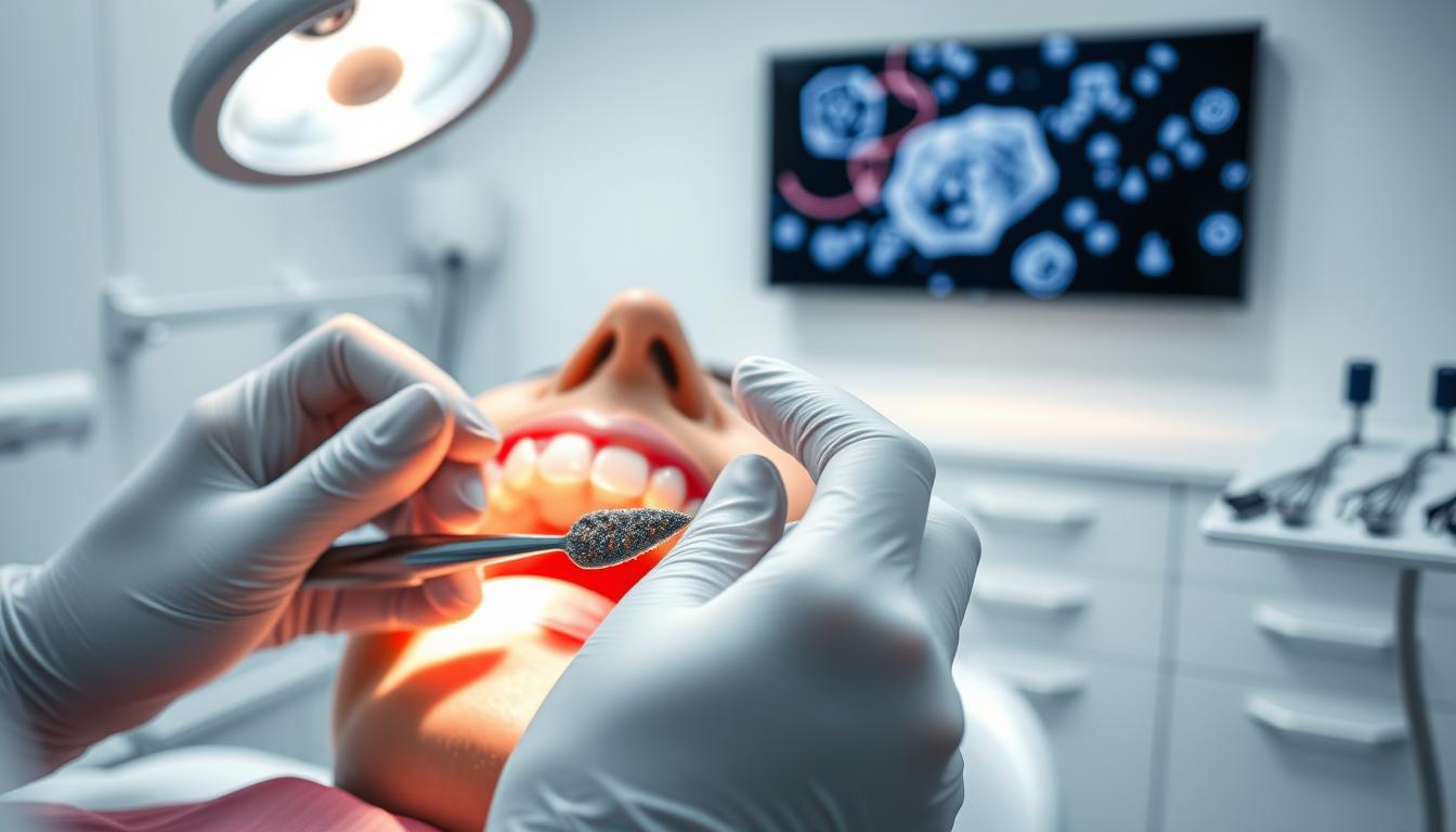 A pristine dental surgery, with gleaming chrome instruments and pristine white surfaces. In the foreground, a dentist's gloved hands gently scraping away plaque and tartar, revealing the healthy enamel beneath. Behind them, a patient's open mouth, the jawline illuminated by a warm, focused light, revealing the intricate details of the teeth. In the background, a wall-mounted display showcases microscopic images of bacteria and the importance of deep cleaning for maintaining oral health. The scene is bathed in a soft, calming atmosphere, conveying the meticulous care and attention required for effective deep cleaning.